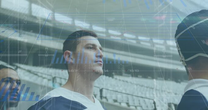 Animation of statistics and data processing over rugby player in sports stadium