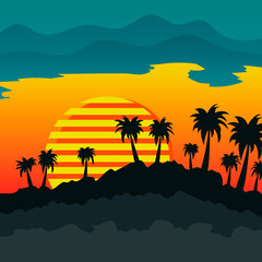 Fototapeta na wymiar Simple landscape with palm trees and sunset. Vector orange illustration with silhouettes of palm trees.