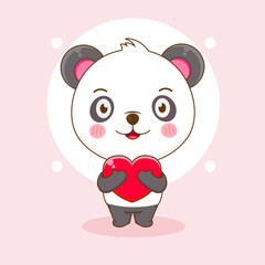 Cute happy Happy panda cartoon holding love. Vector illustration of chibi character.