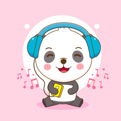 Cute happy Happy panda cartoon listening to music with headset. Vector illustration of chibi character.