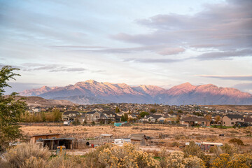 Vast field of a farmland at the front of a residential area