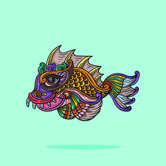 fish ornament in line style, cartoon vector illustration