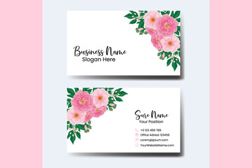 Business Card Template Pink Peony Flower .Double-sided Blue Colors. Flat Design Vector Illustration. Stationery Design