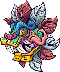 Cartoon colorful Quetzalcoatl Aztec god head with tongue sticking out. Vector clip art illustration with simple gradients. All on a single layer. 
 - obrazy, fototapety, plakaty