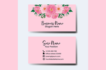 Business Card Template Pink Peony Flower .Double-sided Blue Colors. Flat Design Vector Illustration. Stationery Design