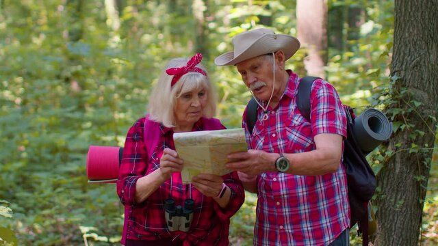 Old married couple standing in forest and examining route plan. Senior man woman lost in wood, searching way back. Tourists looking at map while hiking. Active mature family leisure. Tourism traveling