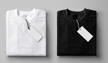 Black and white folded t-shirt with label. - Powered by Adobe