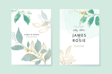 Minimal green tropical Wedding Invitation, floral invite thank you, rsvp modern card Design in Blue Geometric shape with golden line decorative Vector elegant rustic template