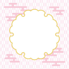 日本の伝統文様　雪輪のフレームと和柄の背景イラスト　ピンクの和雲と矢絣柄