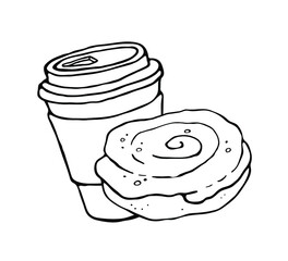 A paper coffee cup with a plastic lid. Coffee to take away. Buns with icing and cinnamon. Vector logo illustration on a white background. 