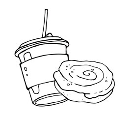 A paper coffee cup with a plastic lid and a tube. Coffee to take away. Buns with icing and cinnamon. Vector logo illustration on a white background. 