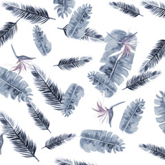 Indigo Pattern Palm. Blue Tropical Plant. Azure Floral Palm. Navy Flora Vintage. White Decoration Illustration. Gray Wallpaper Leaves. Cobalt Spring Illustration.