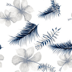 Fototapeta na wymiar Navy Seamless Foliage. Cobalt Pattern Plant. Blue Tropical Vintage. Indigo Spring Design. Gray Decoration Plant. Drawing Exotic. Watercolor Exotic.