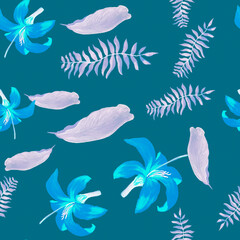 Fototapeta na wymiar Azure Tropical Texture. Indigo Seamless Illustration. Cobalt Pattern Foliage. Blue Floral Texture. Navy Flower Background. Purple Decoration Hibiscus. Drawing Textile.