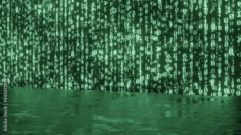 Poster 3d rendering of green binary data and reflection on grunge floor. concept for big data, deep machine