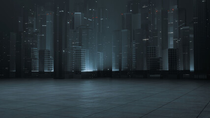 3D Rendering of modern skyscraper buildings in large city at night with reflection on wet  puddle street after raining. Concept for night life, business vision, technology product 