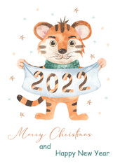 Watercolor Merry Christmas card with Christmas tiger with 2022 poster, new year, symbol of the year