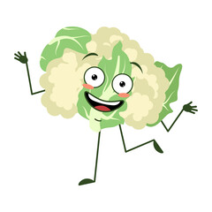 Cute cauliflower character cheerful with emotions dancing, smile face, arms and legs. The funny, happy or smile hero, joyful green vegetable, cabbage 