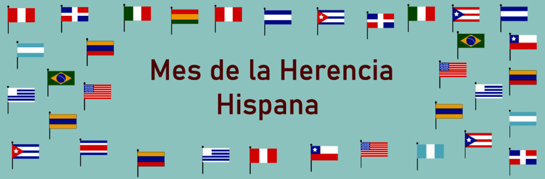 Group of hands with different color and Flags of America. Cultural and ethnic diversity. Mes Nacional de la Herencia Hispana. Spanish text lettering .