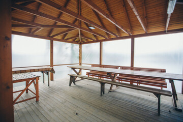 View of the gazebo by the lake. recreation area by the water