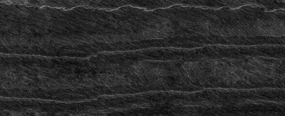 Panorama dark gray stone background with copy space. Black grunge banner with rock texture.