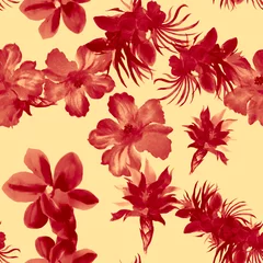 Tuinposter Scarlet Watercolor Backdrop. Pink Flower Painting. Red Seamless Palm. Coral Hibiscus Jungle. Pattern Background. Tropical Print. Fashion Foliage.Art Design. © Nima
