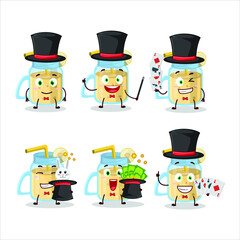 A banana smoothie Magician cartoon character perform on a stage. Vector illustration