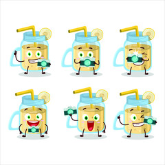Photographer profession emoticon with banana smoothie cartoon character. Vector illustration