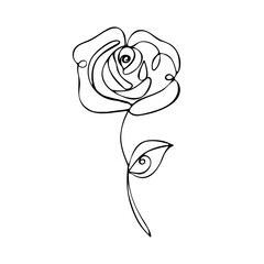Black and white outline of a rose with a leaf