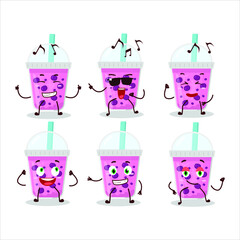 An image of grapes milk with boba dancer cartoon character enjoying the music. Vector illustration