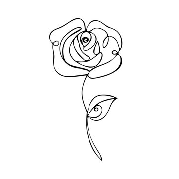 Black and white outline of a rose with a leaf
