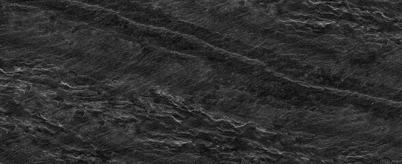 Fototapeta premium Panorama black lined marble stone background with copy space. Black grunge banner with rock texture.