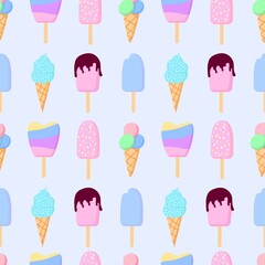 Seamless pattern with the image of ice cream in a cone and ice cream on a stick. Cute cartoon isolated seamless pattern. Design for fabric, clothing, paper, packaging.