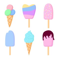 Ice cream. Set of illustrations of ice cream in a cone and ice cream on a stick. Collection of icons. Isolated flat vector illustration.