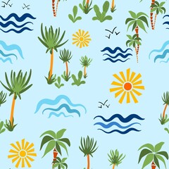 Fototapeta na wymiar Seamless pattern. Cute hand drawn cartoon palm trees waves and sun. Vector illustration in the style of doodle. Drawing for print T shirts, design element.