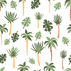 Cute hand drawn cartoon palms and cacti. Seamless pattern. Print for printing on fabric, wallpaper, paper, packaging.