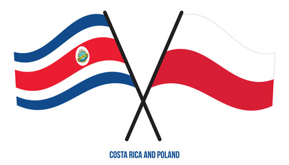 Costa Rica and Poland Flags Crossed And Waving Flat Style. Official Proportion. Correct Colors.