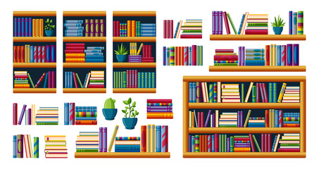 Bookshelves with bestsellers to read. Piles of books with shelves, racks and cases. Cartoon vector illustration isolated in white background