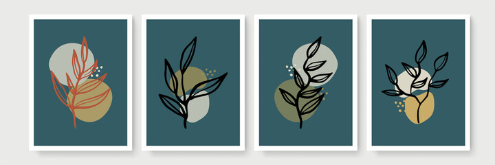 Botanical floral wall art set. Tropical leaves graphics on white sheet of paper. Home decor wall posters. Flat design modern background. Vector illustration.