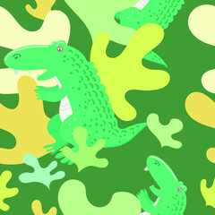 Seamless pattern with alligator and plant on green background. Cute cartoon animal. Vector illustration.