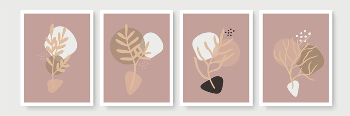 Vector set of boho wall art. Trendy pictures with plants and abstract organic shapes. Botanical illustration