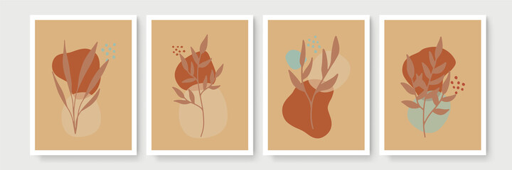Vector set of boho wall art. Trendy pictures with plants and abstract organic shapes. Botanical illustration