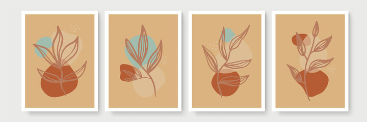 Fototapeta na wymiar Abstract modern botanical boho poster collection. Organic bohemian wall art poster for minimal luxury interior with watercolor abstract shapes. Neutral paster color, foliage drawing. Acrylic vector