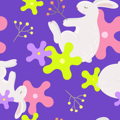 Seamless pattern with rabbit and plant on purple background. Cute cartoon animal. Vector illustration.