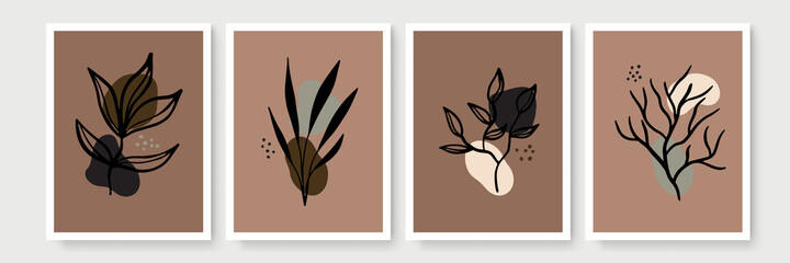 Botanical wall art vector set. Earth tone boho foliage line art drawing with abstract shape. Abstract Plant Art design for print, cover, wallpaper, Minimal and natural wall art.