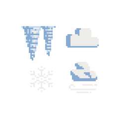 Icicle and snow pixel art icons. Winter theme set. Snow and cloud isolated vector illustration