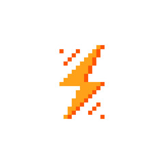 Electricity icon. Flash lightning. High voltage logo. Charging icon. Pixel art style design. 8-bit sprites. Isolated vector illustration.