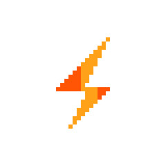 Electricity icon. Flash lightning. High voltage logo. Charging icon. Pixel art style design. 8-bit sprites. Isolated vector illustration.