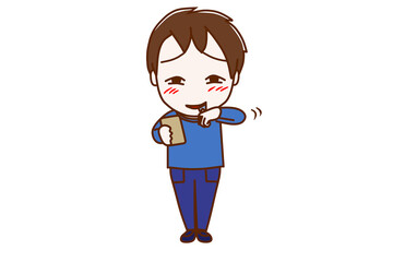 ＜全身・正面＞スマホを見ながらじゅるりとよだれを垂らして拭う少年