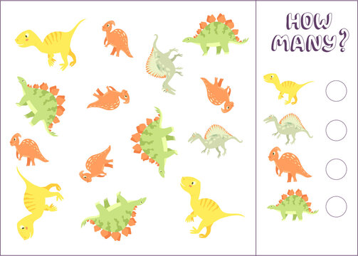 Counting game for preschool kids. Educational math game. Count how many dinosaurs there are and write down the result. Vector illustration in cartoon style
